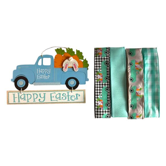 Blue Easter Truck Wreath Making Kit, DIY Spring Sign Gingham Ribbon Bundle Set - Picture 1 of 5